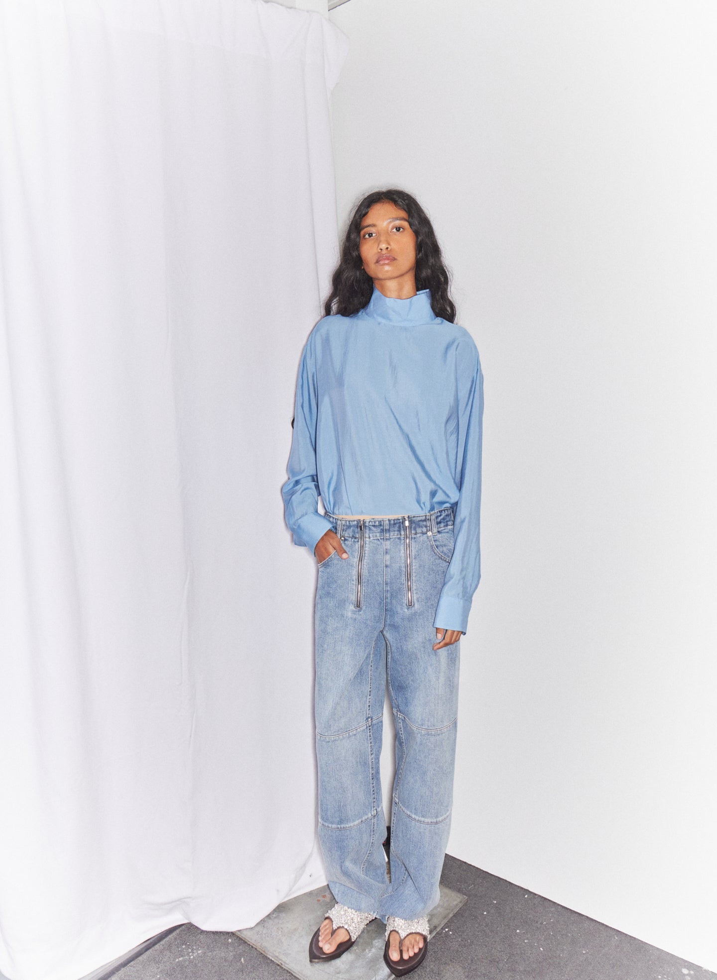 Tibi Ultra Light Silk Tencel Funnel Neck Shirt