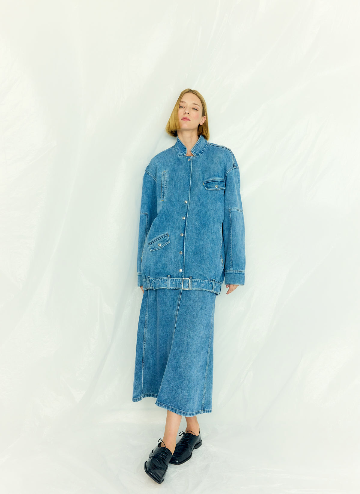 Tibi Classic Denim Sculpted Silke Skirt